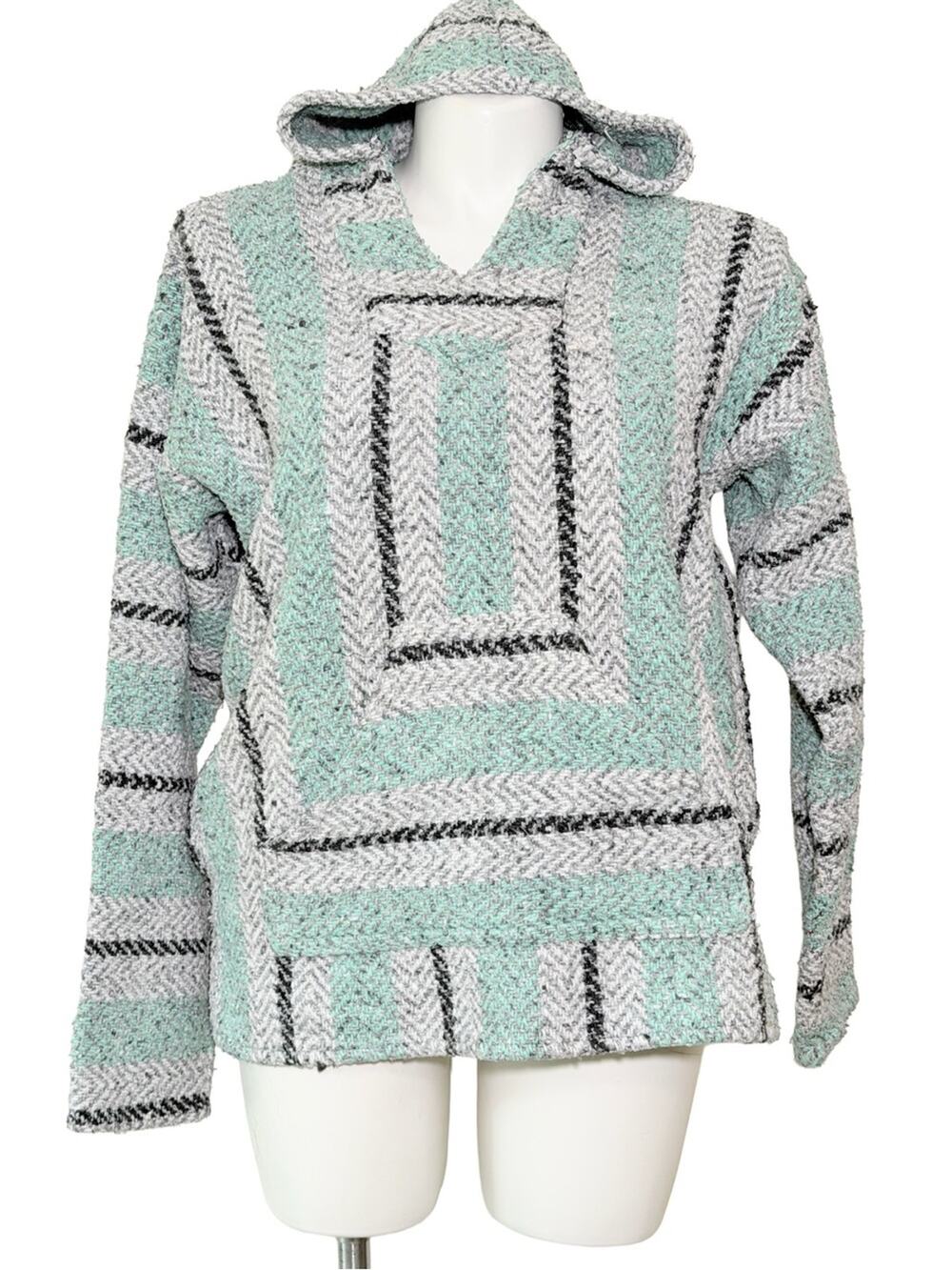 Baja Joe Hooded Knit Pullover - Mint & Gray mexican blanket rugged large skater